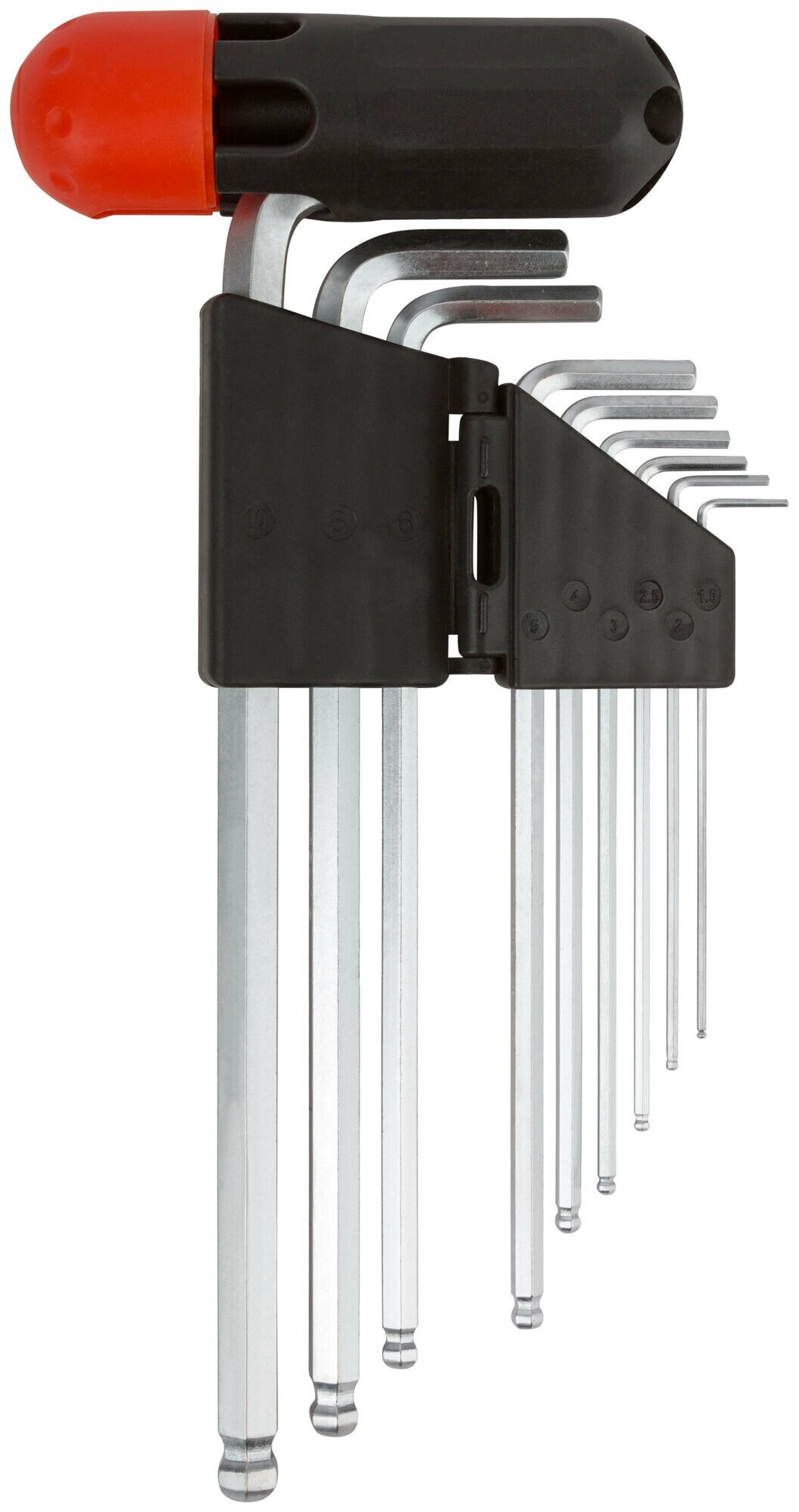 Ключи шестигранные длинные c шаром (1,5-10 мм ) CrV, 9 шт. с пластик. Т-обр. ручкой 64198