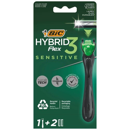 сменные кассеты для бритья bic hybrid 3 sensitive 4 шт Мужская бритва 3 лезвия BIC Hybrid 3 Flex Sensitive с плавающей головкой бритвенный станок для мужчин + 2 сменные кассеты с Алоэ Вера и витамином Е