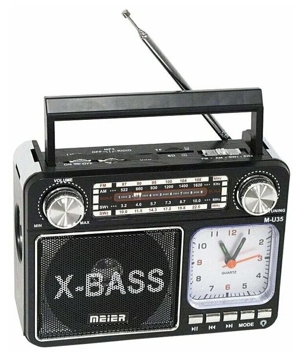 Радиоприемник MEIER M-35ВТ / Радио / USB, microSD, с LED-фонариком, часы с подсветкой / Bluetooth