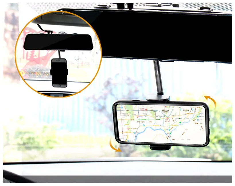Автомобильный держатель для телефона на зеркало заднего вида поворотный с откидной и выдвижной ножкой