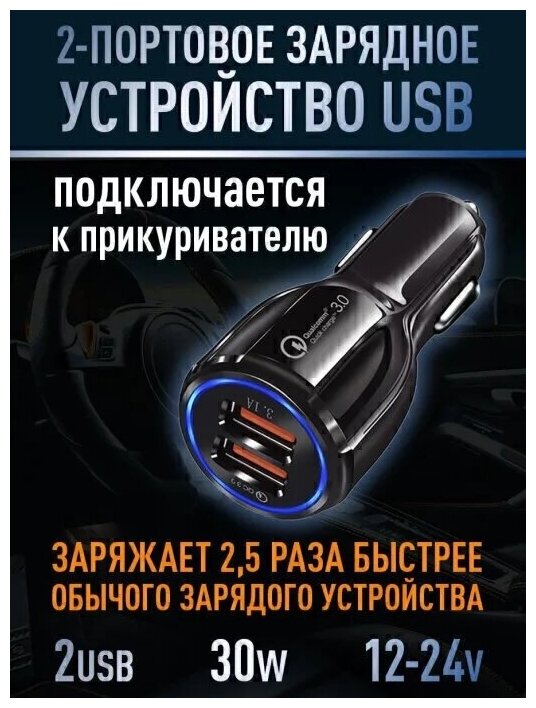New-24 мощное зарядное устройство 12-32V 6,1А 36W (два USB: 3А и 3,1А) автомобильное для телефона/планшета. Адаптер питания универсальный в прикуриватель машины с подсветкой и быстрой зарядкой QC 3.0.