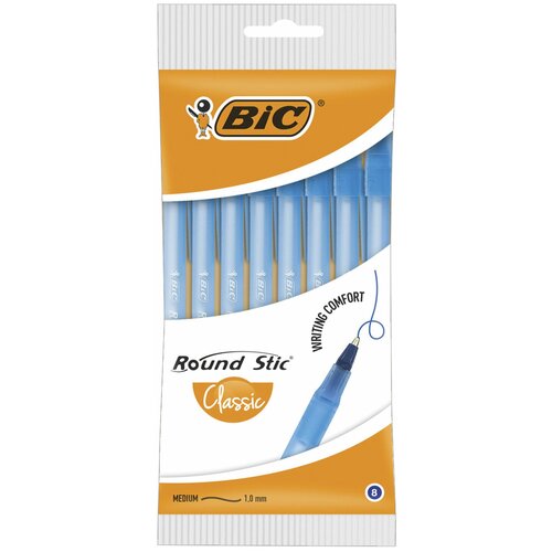 Ручки шариковые BIC Round Stic набор 8 синие узел 1 мм линия письма 0 32 мм пакет, 6 шт