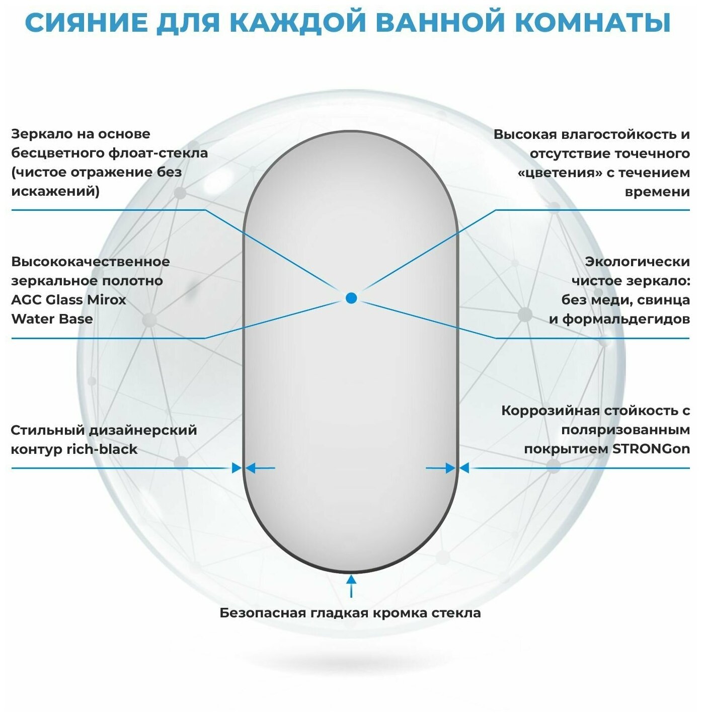 Влагостойкое овальное зеркало Wellsee 7 Rays' Spectrum 172201460, размер 55 х 100 см, с тонким черным матовым контуром - фотография № 3