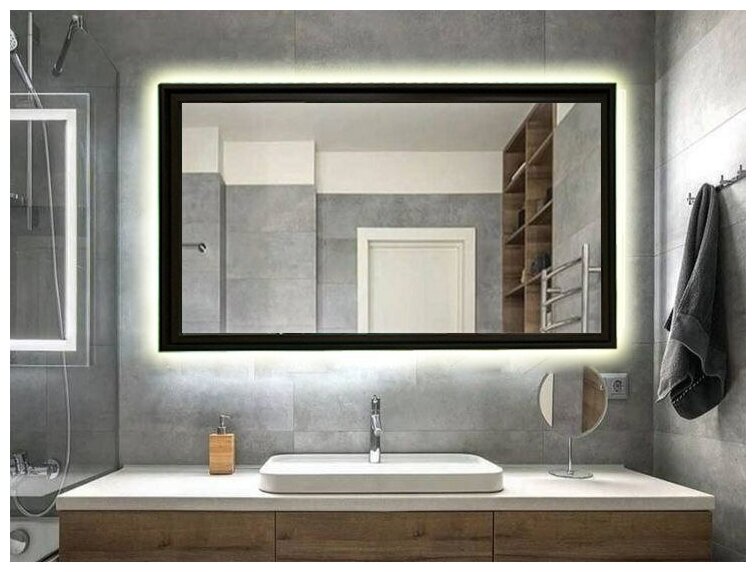 Зеркало настенное с подсветкой парящее прямоугольное 115*75 см в чёрной раме для ванной холодный свет 6000 К сенсорное управление