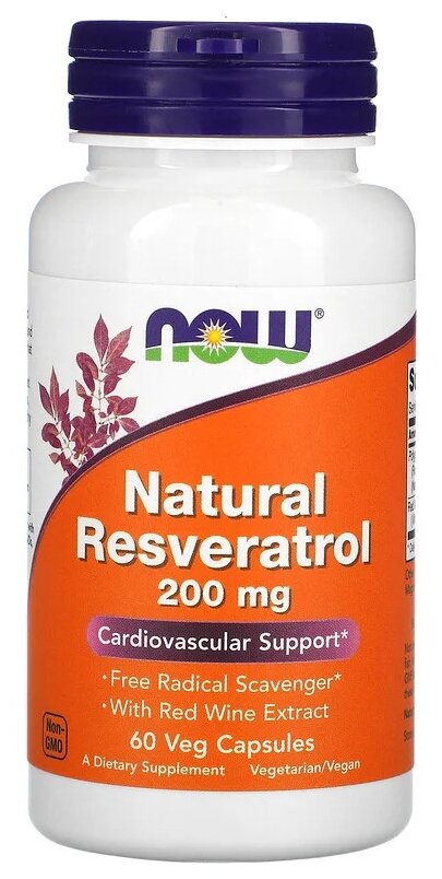 Антиоксидантные Комплексы Ресвератрол 200мг NOW Resveratrol, 60 растительных капсул, Антиоксидант для сердца, сосудов, кожи и зрения