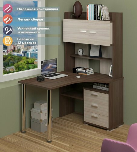 Изображение товара Стол компьютерный Мэрдэс СР-133-130 шк-прав Шамони-Ч/Карамель с надстройкой