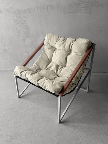 Изображение товара Кресло мягкое удобное для отдыха, уличное, на балкон, на веранду, в стиле лофт, минимализм, Слэш ++ велюр молочный, белый металл