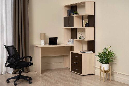 Изображение товара Письменный стол с полками Паскаль-3, дуб молочный/венге Д.1300 х В.1950 х Г.1300 мм, роликовые направляющие.