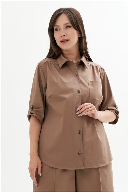 Рубашка  Olsi, повседневный стиль, свободный силуэт, укороченный рукав, карманы, однотонная, размер 62, бежевый