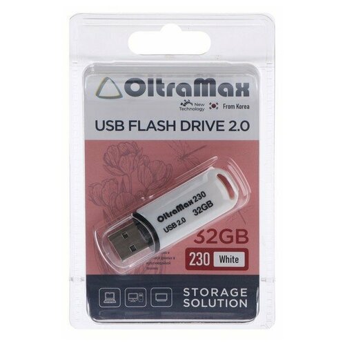 Флешка OltraMax 230, 32 Гб, USB2.0, чт до 15 Мб/с, зап до 8 Мб/с, белая