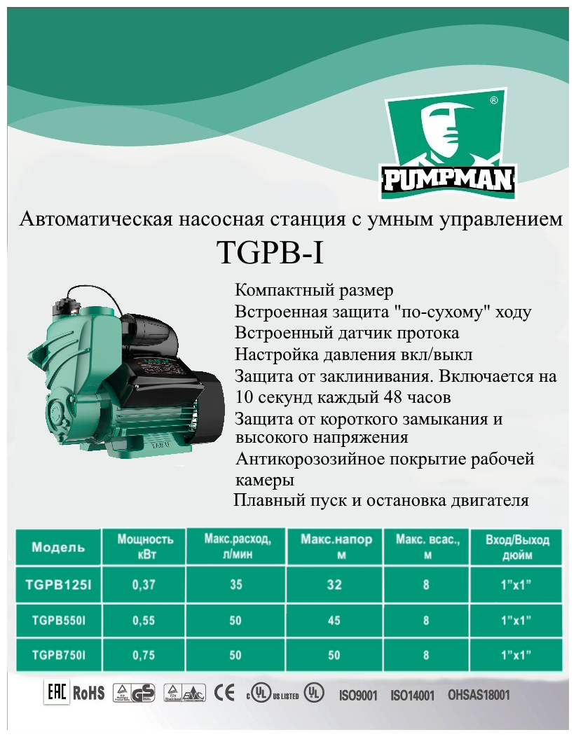 Насосная станция PUMPMAN TGPB 125I - фотография № 4