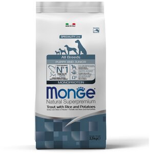 Фото Monge Dog Speciality Line Monoprotein для щенков всех пород форель с рисом и картофелем