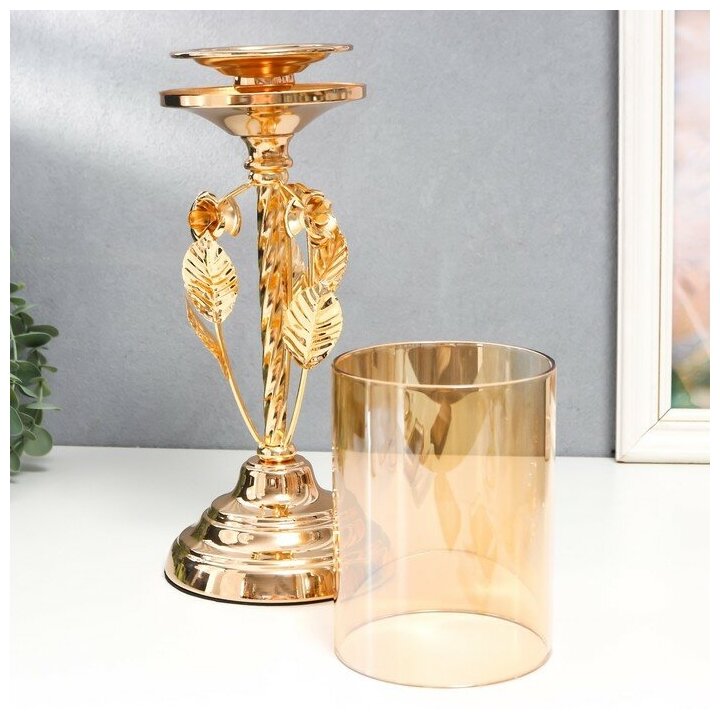 Подсвечник металл, стекло на 1 свечу "Вилас" d-8 см, золото 11,5х11,5х36,5 см 7825911 . - фотография № 3