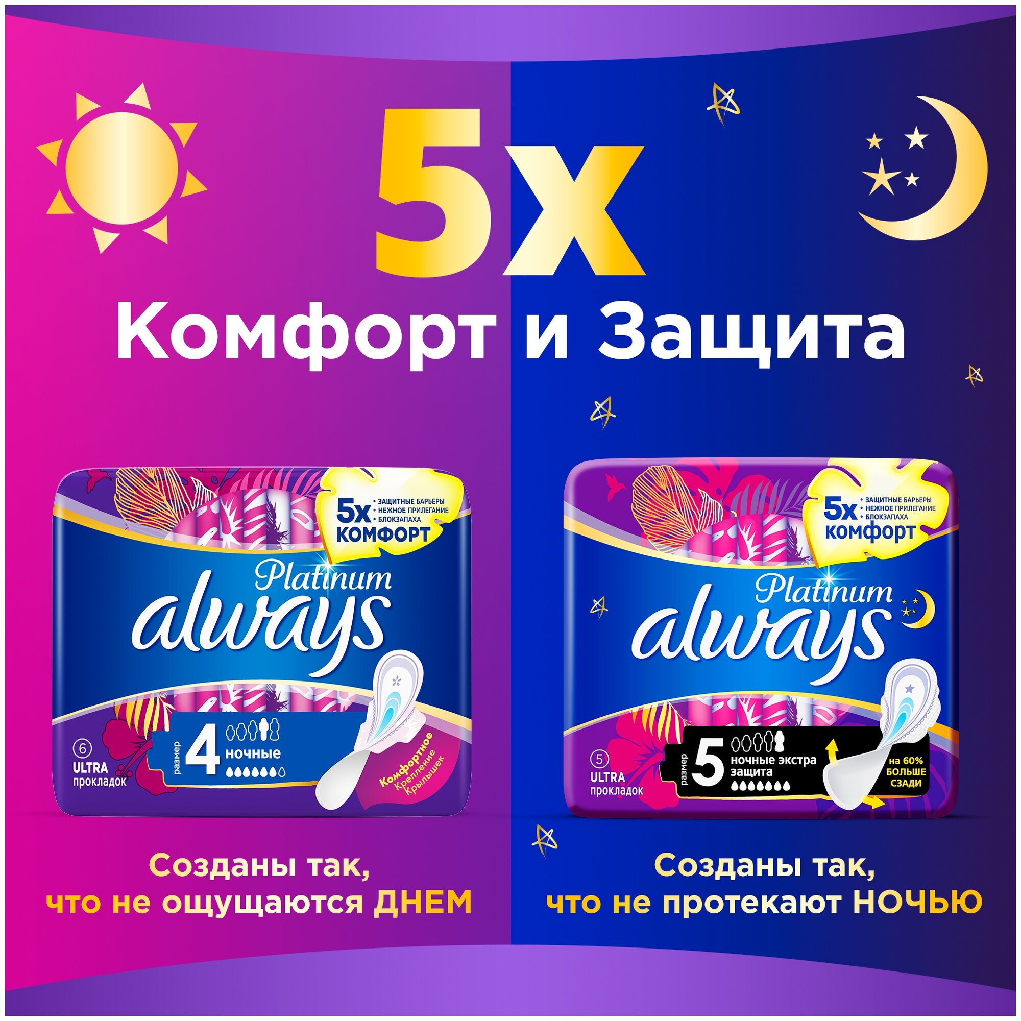 Женские гигиенические прокладки с крылышками Always Platinum Ночные, размер 4, 6шт.