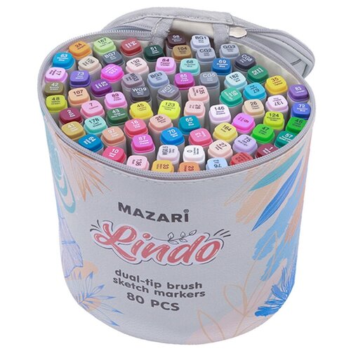 Набор двусторонних маркеров для скетчинга Mazari Lindo кисть+долото, 80 цветов, в кейсе