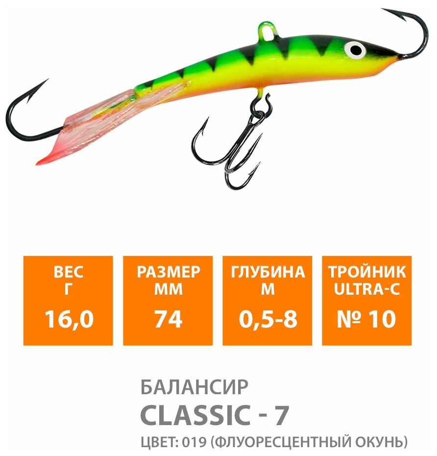 Балансир для зимней рыбалки AQUA Classic-7 74mm 16g цвет 019