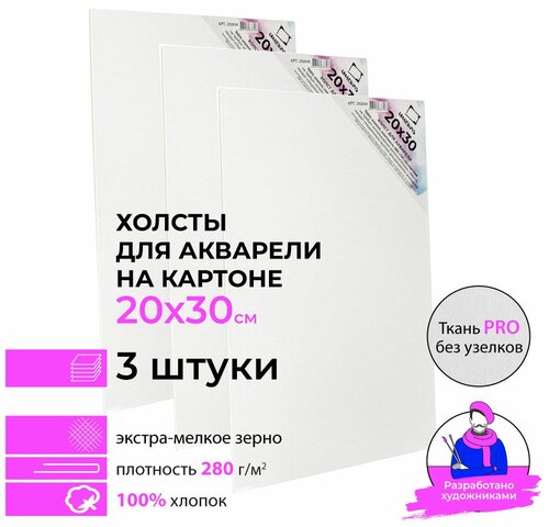 Набор холстов акварельных на картоне Малевичъ, 20х30 см, 3 шт