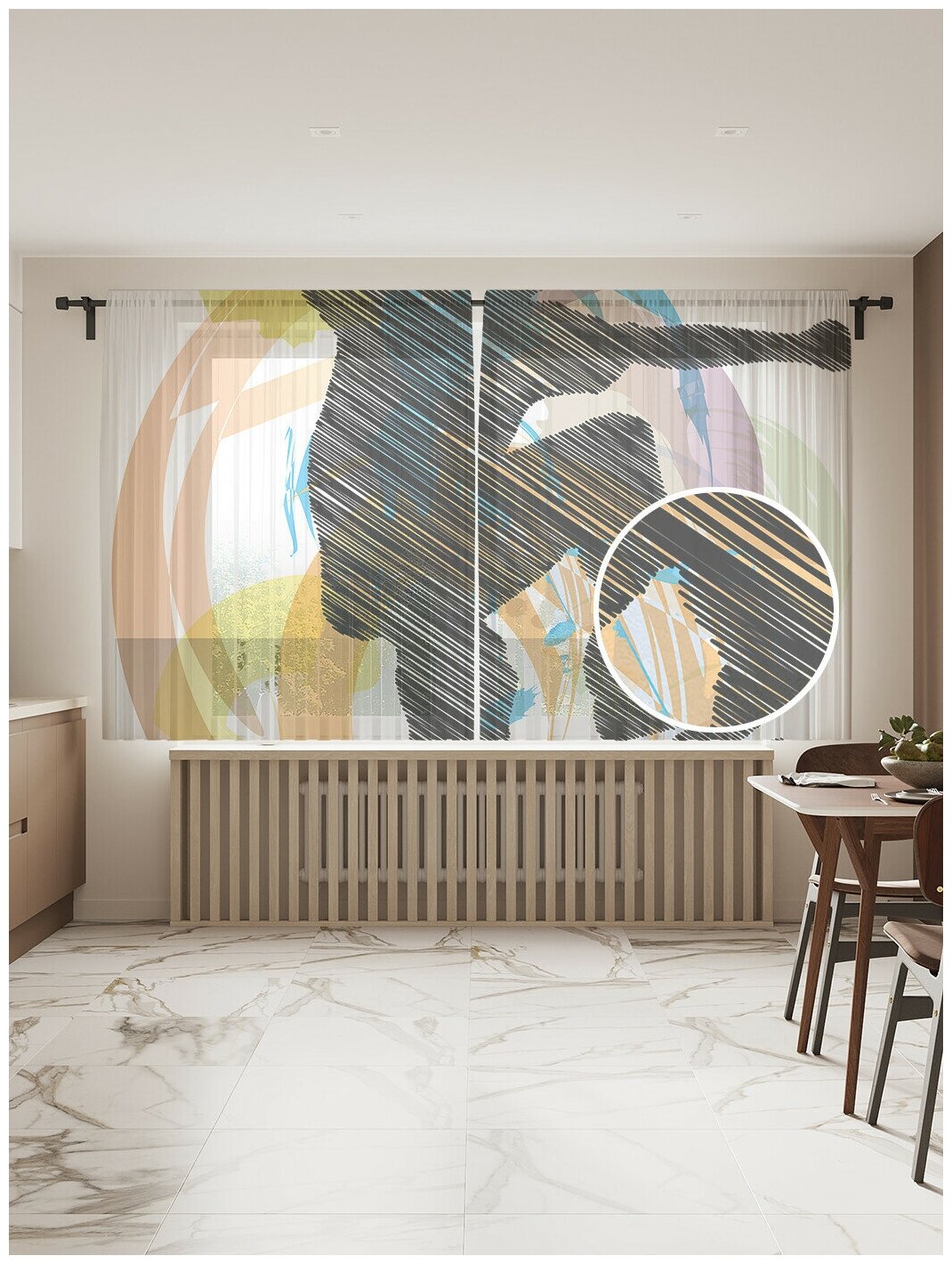Тюль для кухни и спальни JoyArty "Активный скейтер", 2 полотна со шторной лентой шириной по 145 см, высота 180 см.
