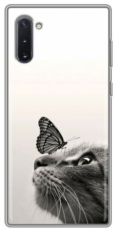 Дизайнерский силиконовый чехол для Самсунг Гэлакси Ноут 10 / Samsung Galaxy Note 10 Кот и бабочка