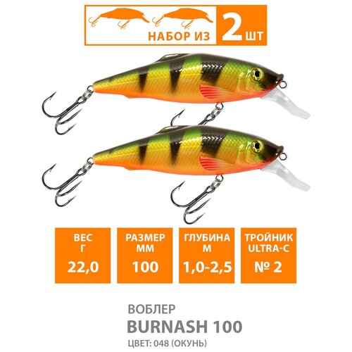 фото Воблер для рыбалки плавающий aqua burnash 100mm 22g заглубление от 1 до 2.5m цвет 048 2шт