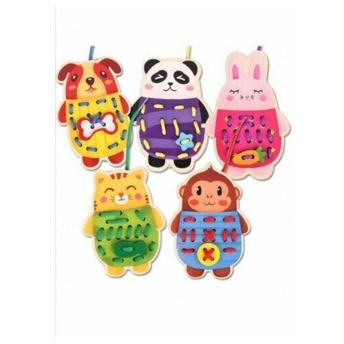 Игра шнуровка. Животные. Заяц. Кот. Щенок. Панда. Обезьянка.