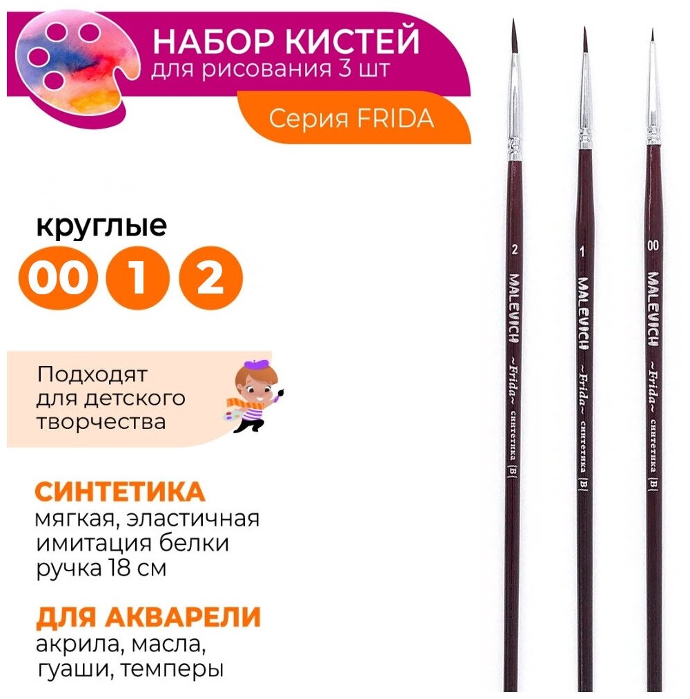 фото Комплект кистей из синтетики мягкая Frida, круглая №00, 1, 2