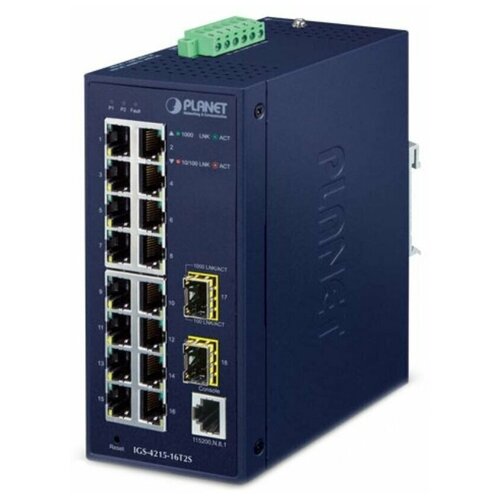 Коммутатор PLANET IGS-4215-16T2S коммутатор planet ip30 industrial l2 l4 8 port 1000t 802 3at poe 2 port 10 100 1000t 2 port 100 1000x sfp full managed switch 40 to 75 c dual redundant power input on 48 56vdc terminal block dido erps ring 1588 onvif cybersecurity features