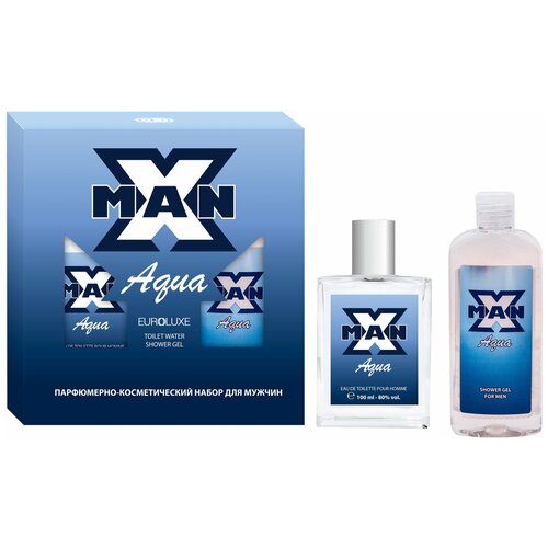 Apple Набор парфюмерно-косметический для мужчин X-man Aqua (Икс мэн аква) (туалетная вода 80.0% edt, 100 мл + гель для душа парфюмированный, 150 мл) фужерный, водяной