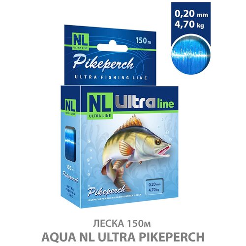 леска для рыбалки aqua nl ultra pike 150m 0 28mm 7 50kg для спиннинга троллинга фидера удочки светло зеленый Леска для рыбалки AQUA NL ULTRA PIKEPERCH (Судак) 150m, 0,20mm, 4,70kg / для спиннинга, троллинга, фидера, удочки / светло-голубой