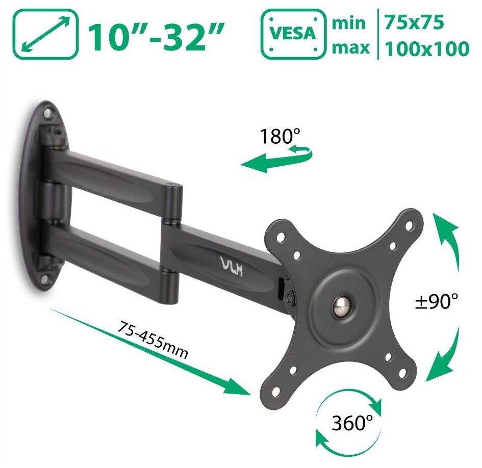 Кронштейн для телевизора на стену / крепление наклонно-поворотное VLK TRENTO-15 / до 32 дюймов / vesa 100x100