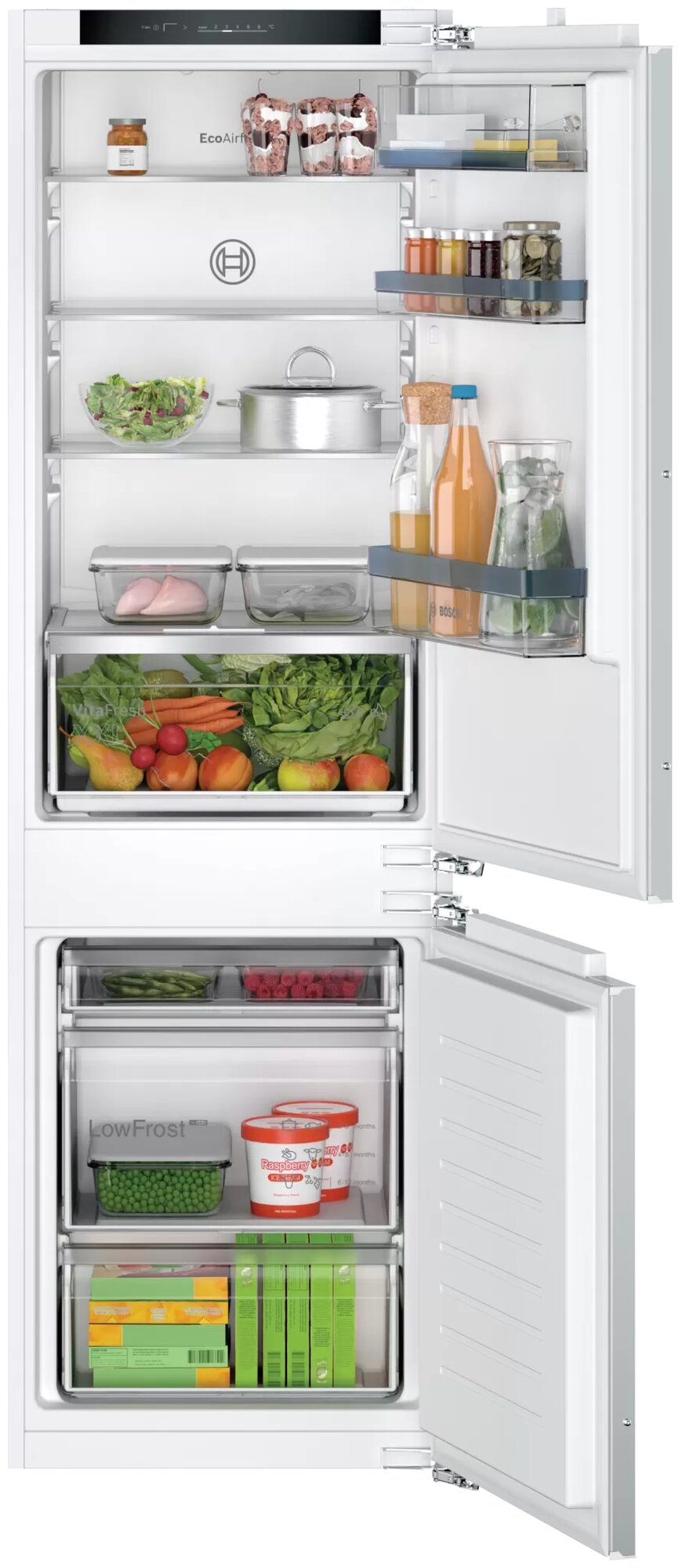 Serie 4, Встраиваемый холодильник с нижней морозильной камерой, Габариты (ВхШхГ) - 177,2х54,1х54,8 см, плоские шарниры, объём 265 (182+83) л, LowFrost, продвинутая электронная панель управления, Зона свежести VitaFresh для овощей и фруктов с регулировкой 