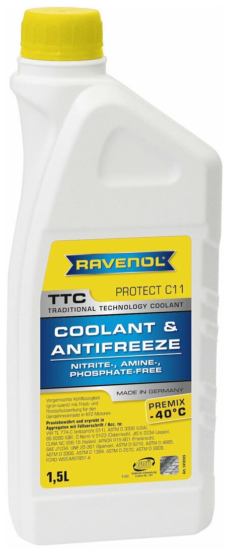 Антифриз готовый к прим. жёлтый RAVENOL TTC Traditional Technology Coolant Premix ( 1,5л)