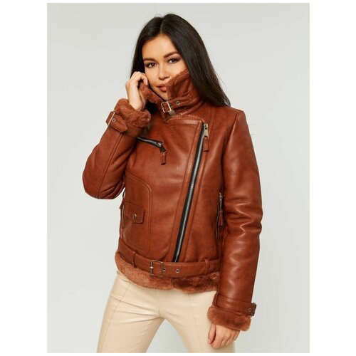 Дубленка E-LISMAN, средней длины, оверсайз, , размер 42, коричневый