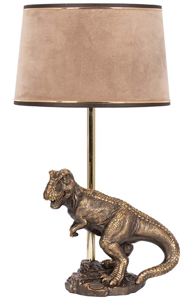 Настольная лампа Bogacho Динозавр Тирекс бронзовая с коричневым абажуром из велюра ручная работа