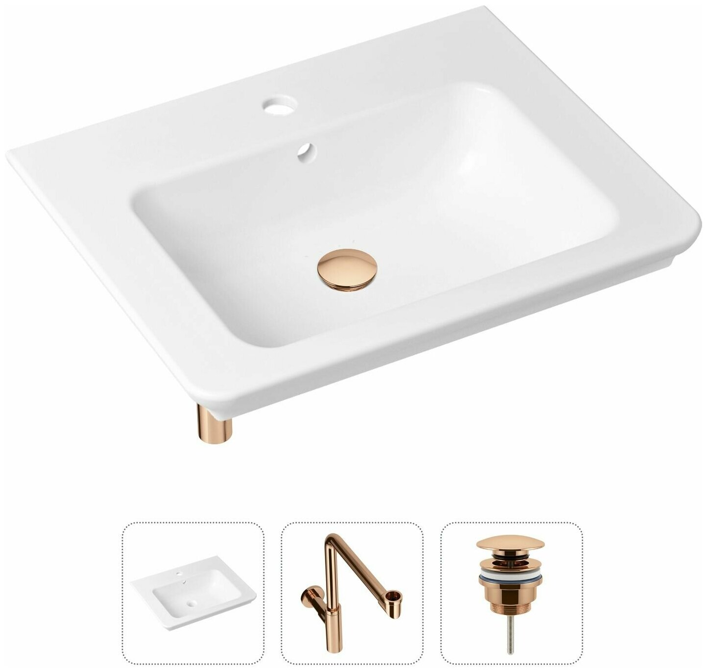 Комплект 3 в 1 Lavinia Boho Bathroom Sink 21520430: врезная фарфоровая раковина 60 см, металлический сифон, донный клапан