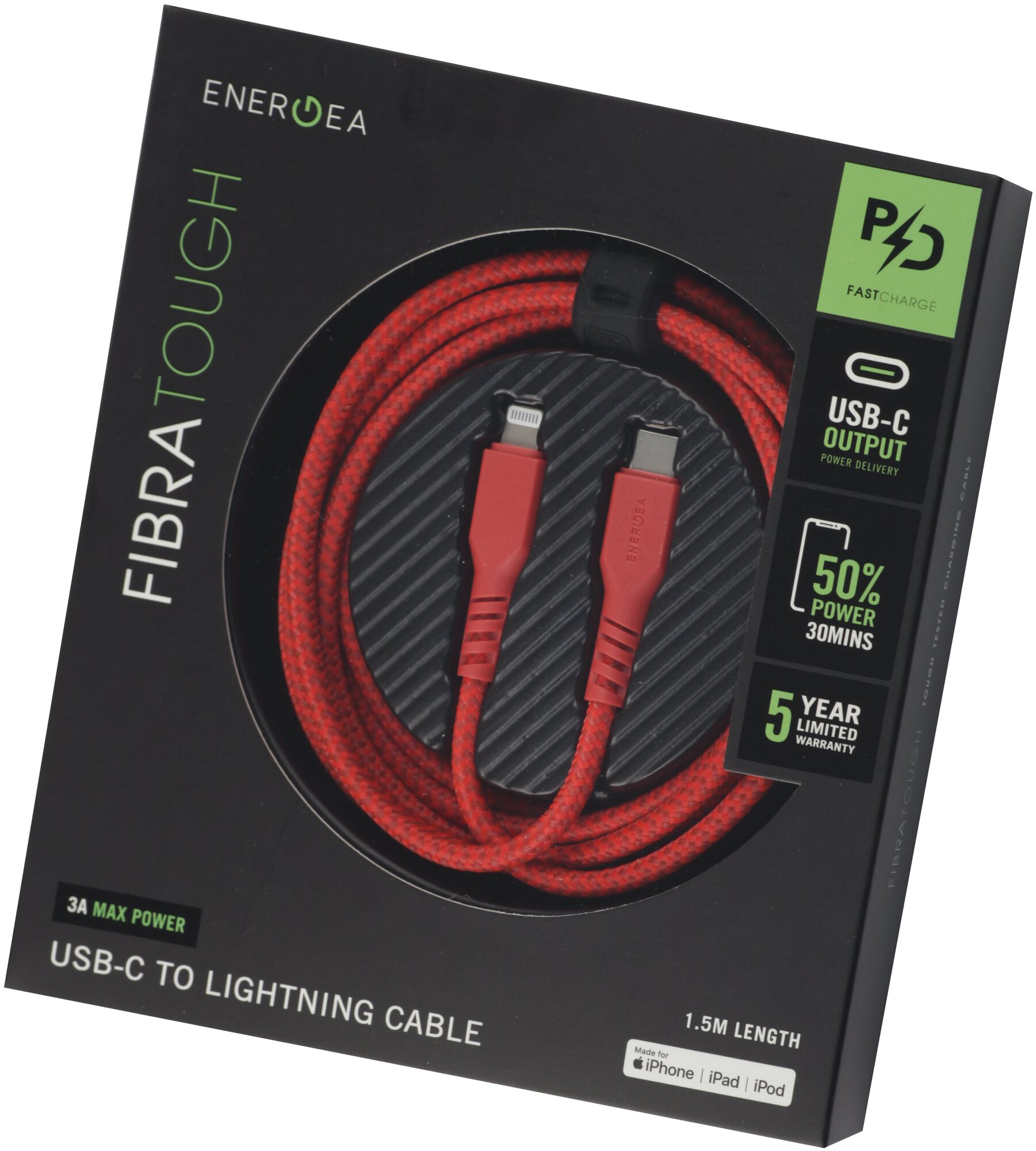 Кабель Type-C-Lightning PD EnergEA FibraTough 1,5м красный