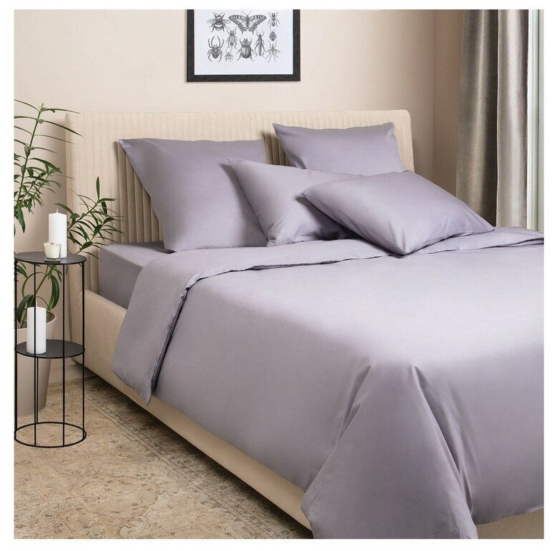 Комплект постельного белья евро с пододеяльником на молнии, 4 наволочки Моноспейс, сатин (хлопок 100%), темно-серый, Ecotex - фотография № 1