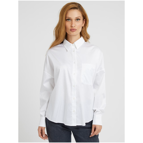 Блуза  GUESS, классический стиль, свободный силуэт, длинный рукав, карманы, однотонная, размер M, белый