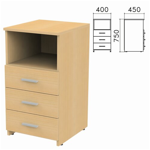 Тумба приставная канц 400х450х750 мм, 3 ящика, полка, цвет бук невский (ТК31.10)