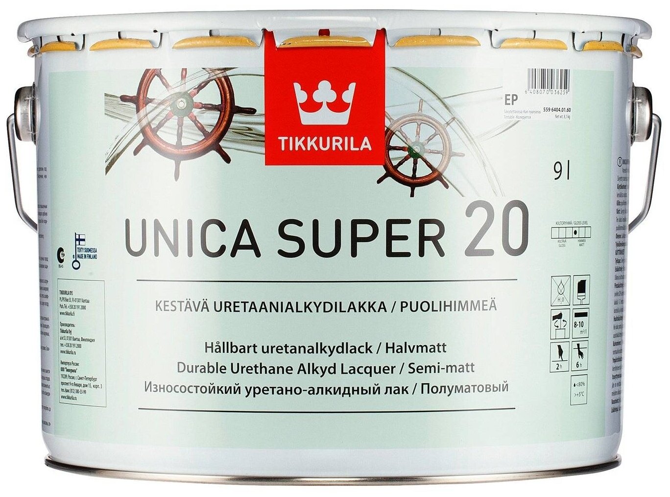 Tikkurila Unica Super 20 яхтный лак полуматовый (бесцветный, 9 л)