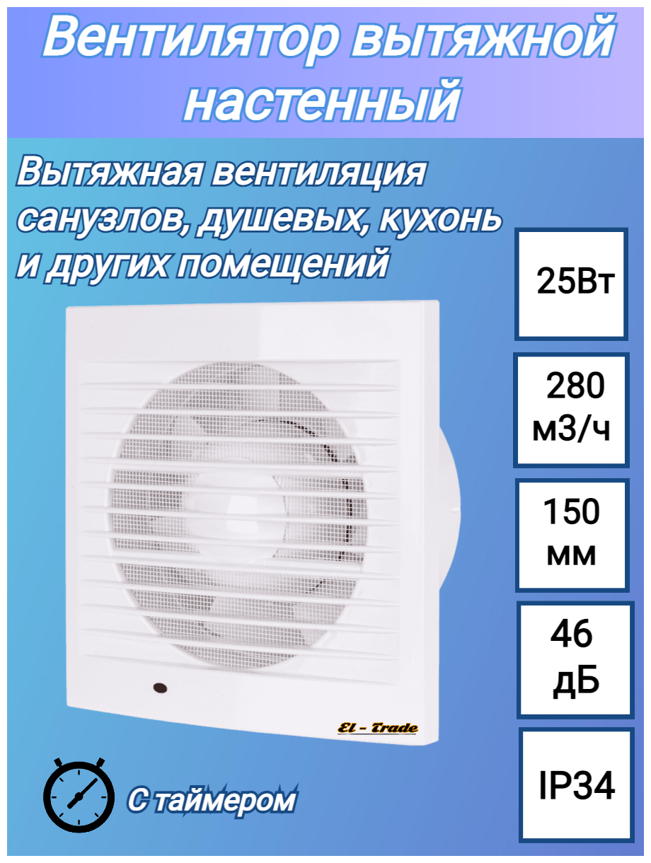 Вентилятор бытовой настенный, 150 С-Т, таймер, белый, TDM - фотография № 2