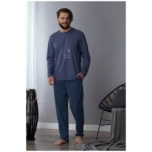 Пижама Key, брюки, футболка, карманы, размер XL, синий