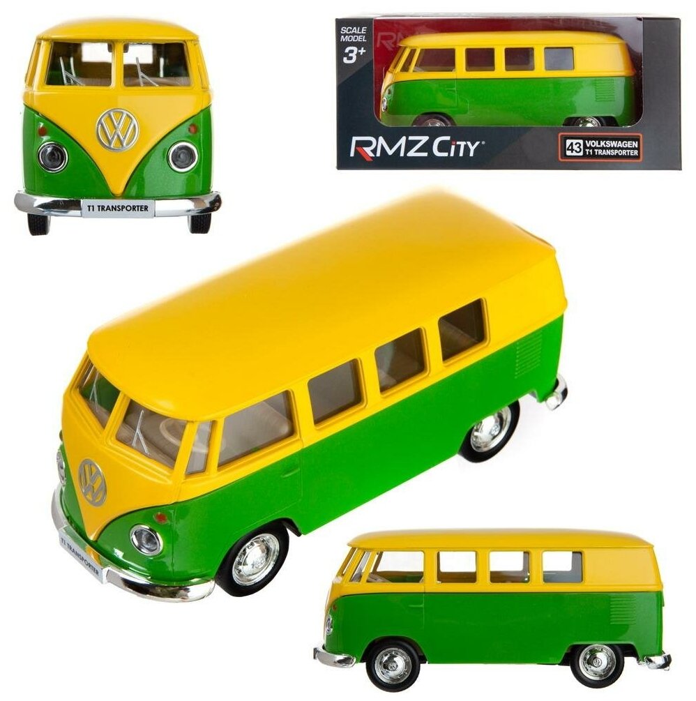 Машинка металлическая Uni-Fortune RMZ City серия 1:32 Автобус инерционный Volkswagen Samba bus Transporter, цвет желтый с зеленым, 16,5*7,5*7 см 554025M(J)