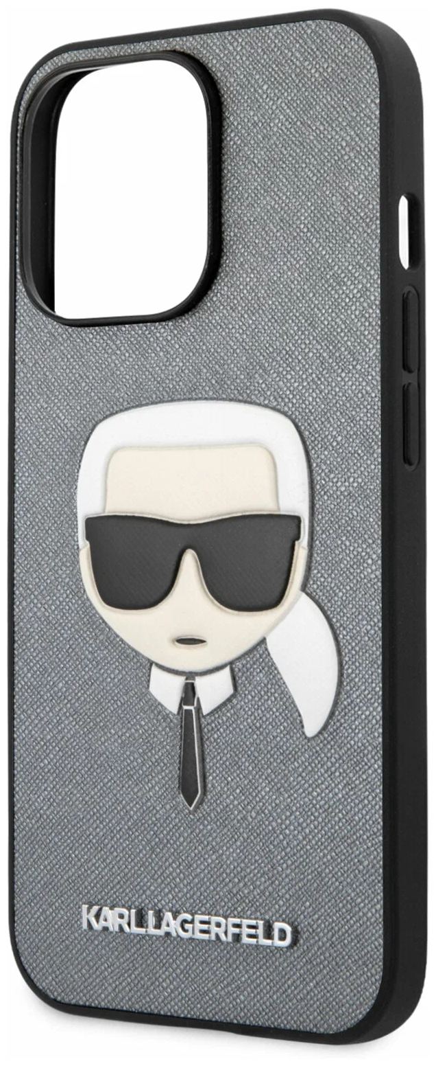 Чехол Lagerfeld PU Saffiano Karl's Head Hard для iPhone 13 Pro, серебристый