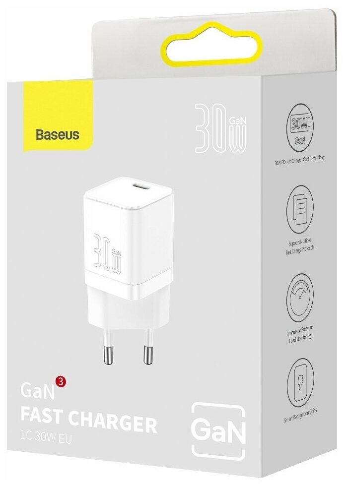 Сетевое зарядное устройство BASEUS GaN3 USB-C 30W Белый CCGN010102