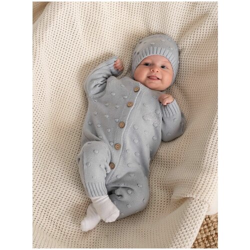 Вязаный комплект Luxury Baby Комбинезон и шапочка серый, 62-68