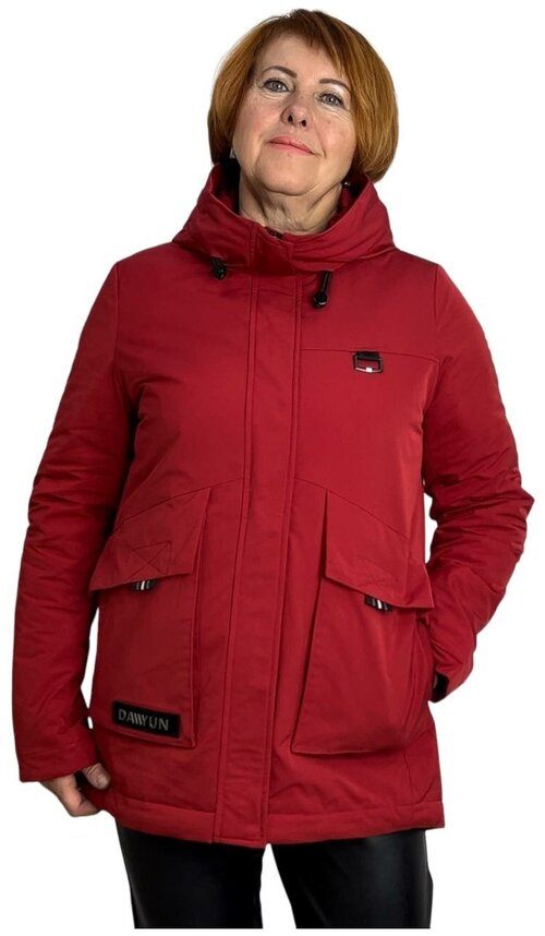 куртка  Dosuespirit демисезонная, средней длины, силуэт прямой, капюшон, карманы, ветрозащитная, размер 48, красный