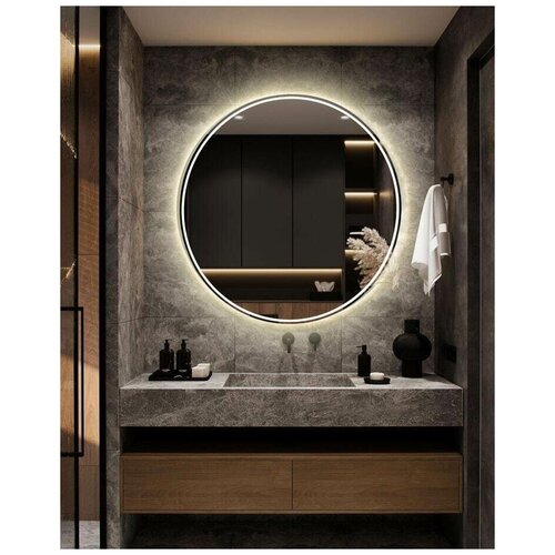 Зеркало настенное с подсветкой парящее круглое 80*80см окантовка 1 см для ванной нейтральный свет 4000 К сенсорное управление