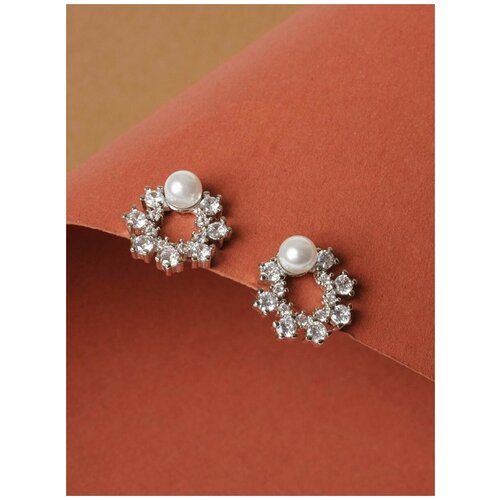 Серьги пусеты Shine & Beauty, латунь, серебрение, кристаллы Swarovski, серебряный