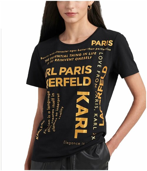 Футболка Karl Lagerfeld S черная с золотыми крупными лого надписями CROSSWORD LOGO TEE